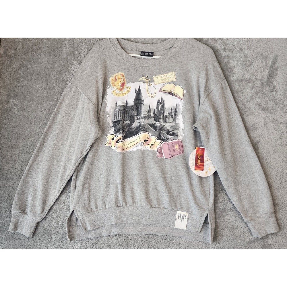 Harry Potter Sweatshirt Juniors Large Gray Hogwarts Gryffindor Graphic Top